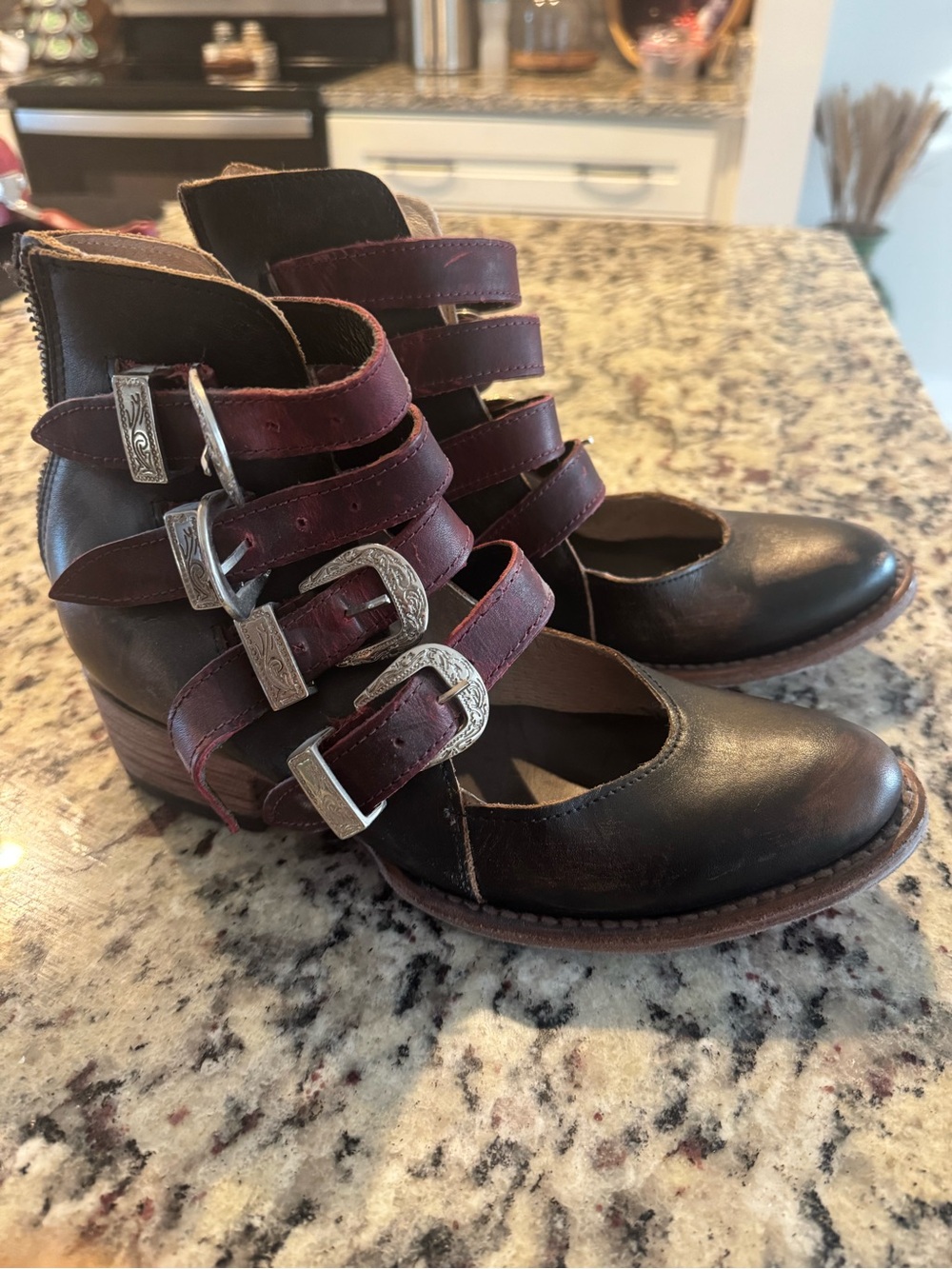 Freebird by Steven Black and Burgundy Multi-Buckle Ankle Boots